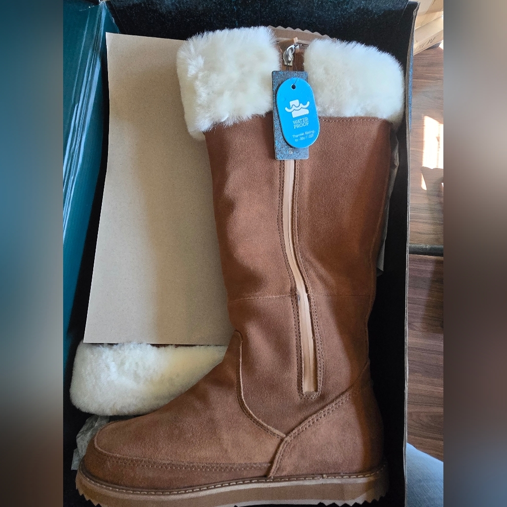 Waterproof Shearling-Lined Brown Suede Winter Boots